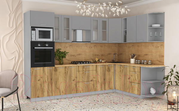 Изображение товара Кухонный гарнитур Интерлиния Мила 1.88x3.0 правая (серебристый/дуб золотой/дуб бунратти)