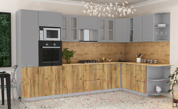 Изображение товара Кухонный гарнитур Интерлиния Мила 1.88x3.4 правая (серебристый/дуб золотой/дуб бунратти)