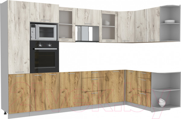 Изображение товара Кухонный гарнитур Интерлиния Мила 1.68x3.2 правая (дуб белый/дуб золотой/дуб бунратти)