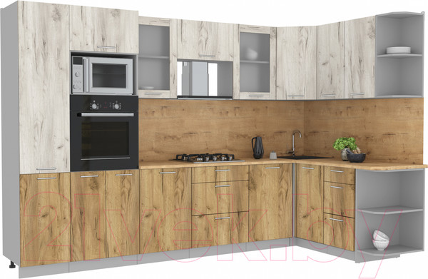 Изображение товара Кухонный гарнитур Интерлиния Мила 1.68x3.2 правая (дуб белый/дуб золотой/дуб бунратти)