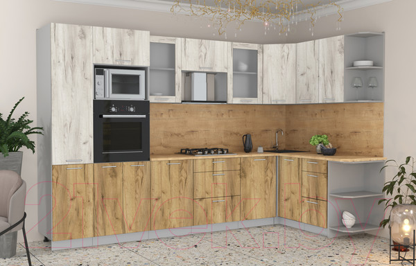 Изображение товара Кухонный гарнитур Интерлиния Мила 1.68x3.2 правая (дуб белый/дуб золотой/дуб бунратти)