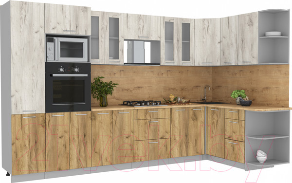 Изображение товара Кухонный гарнитур Интерлиния Мила 1.68x3.4 правая (дуб белый/дуб золотой/дуб бунратти)