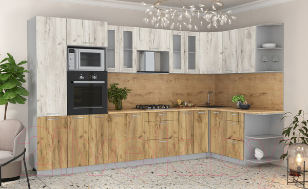 Изображение товара Кухонный гарнитур Интерлиния Мила 1.68x3.4 правая (дуб белый/дуб золотой/дуб бунратти)