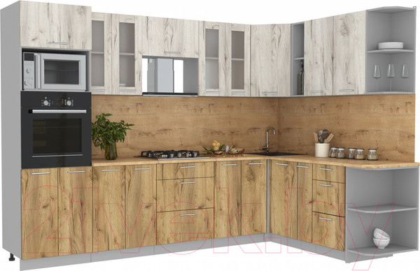 Изображение товара Кухонный гарнитур Интерлиния Мила 1.88x3.0 правая (дуб белый/дуб золотой/дуб бунратти)