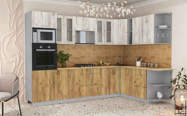 Изображение товара Кухонный гарнитур Интерлиния Мила 1.88x3.0 правая (дуб белый/дуб золотой/дуб бунратти)