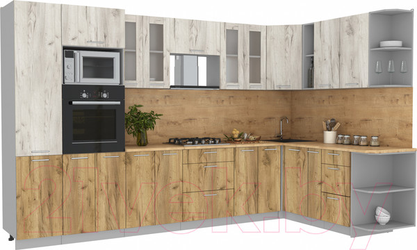 Изображение товара Кухонный гарнитур Интерлиния Мила 1.88x3.4 правая (дуб белый/дуб золотой/дуб бунратти)