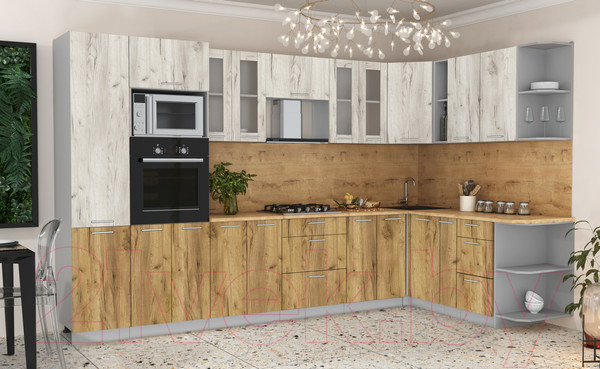 Изображение товара Кухонный гарнитур Интерлиния Мила 1.88x3.4 правая (дуб белый/дуб золотой/дуб бунратти)