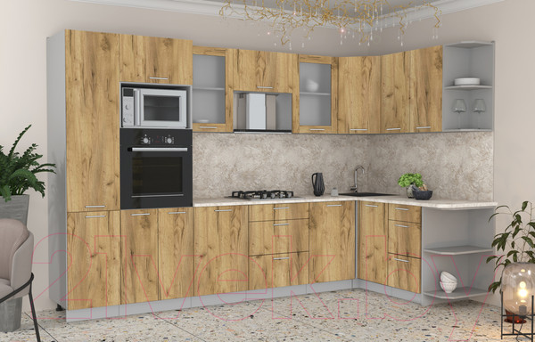 Изображение товара Кухонный гарнитур Интерлиния Мила 1.68x3.2 правая (дуб золотой/дуб золотой/опал светлый)