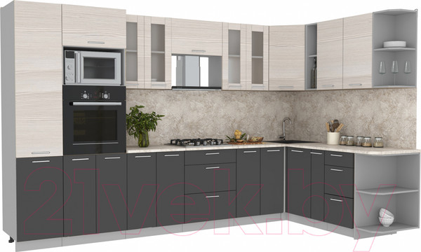 Изображение товара Кухонный гарнитур Интерлиния Мила 1.88x3.4 правая (вудлайн кремовый/антрацит/опал светлый)