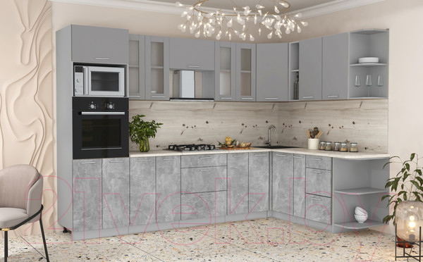 Изображение товара Кухонный гарнитур Интерлиния Мила 1.88x3.0 правая (серебристый/бетон/бискайская сосна)