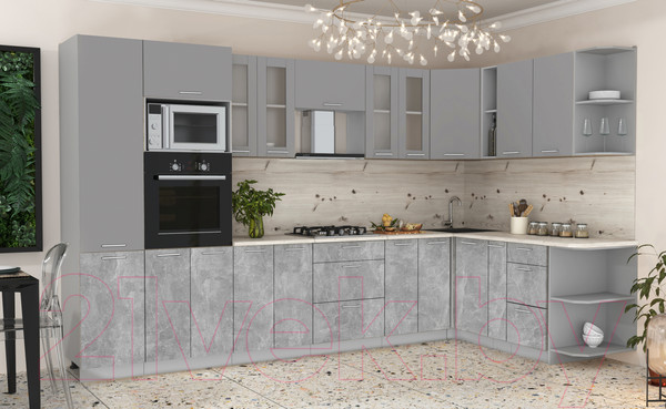 Изображение товара Кухонный гарнитур Интерлиния Мила 1.88x3.4 правая (серебристый/бетон/бискайская сосна)