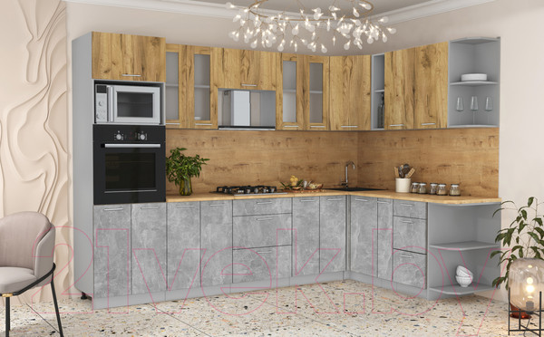 Изображение товара Кухонный гарнитур Интерлиния Мила 1.88x3.0 правая (дуб золотой/бетон/дуб бунратти)