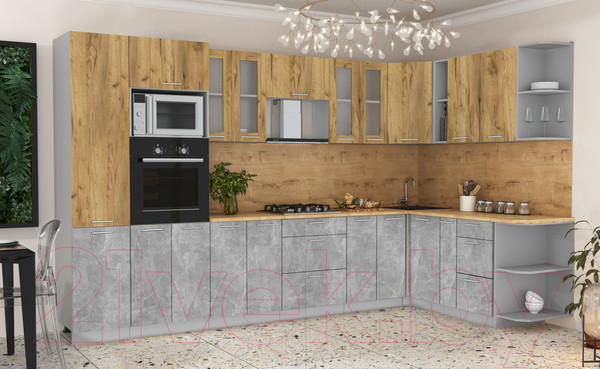 Изображение товара Кухонный гарнитур Интерлиния Мила 1.88x3.4 правая (дуб золотой/бетон/дуб бунратти)