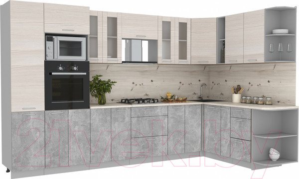 Изображение товара Кухонный гарнитур Интерлиния Мила 1.88x3.4 правая (вудлайн кремовый/бетон/бискайская сосна)