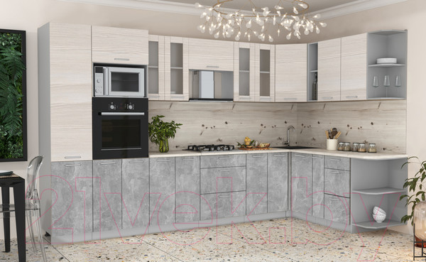 Изображение товара Кухонный гарнитур Интерлиния Мила 1.88x3.4 правая (вудлайн кремовый/бетон/бискайская сосна)