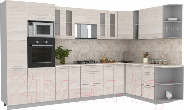 Изображение товара Кухонный гарнитур Интерлиния Мила 1.88x3.4 правая (вудлайн кремовый/вудлайн кремовый/опал светлый)