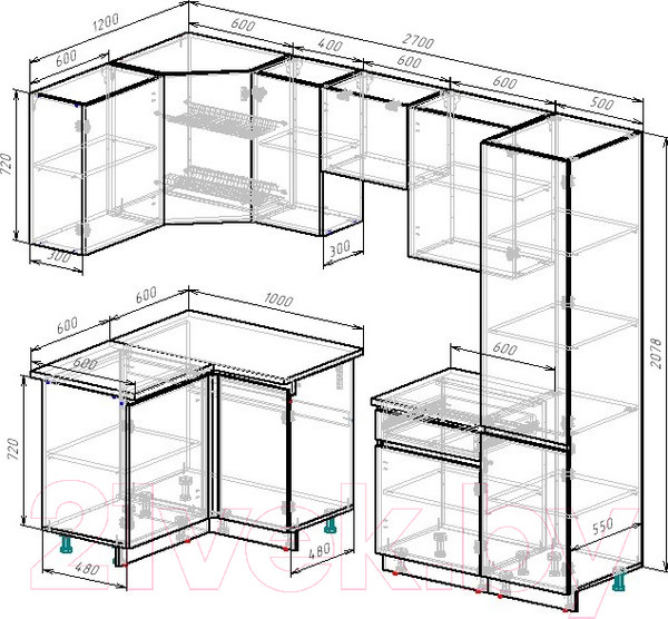 Изображение товара Кухонный гарнитур ВерсоМебель Эко-8 1.2x2.7 левая (дуб крафт белый/антрацит/ст.мрамор итальянский)