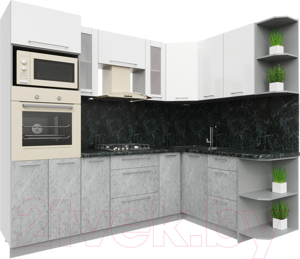 Изображение товара Кухонный гарнитур Интерлиния Мила Пластик 1.68x2.4 правая (мрамор/белый глянец/кастилло темный)