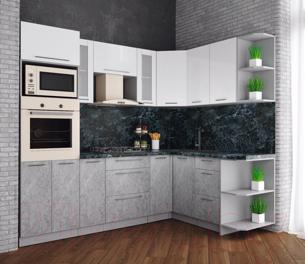 Изображение товара Кухонный гарнитур Интерлиния Мила Пластик 1.68x2.4 правая (мрамор/белый глянец/кастилло темный)