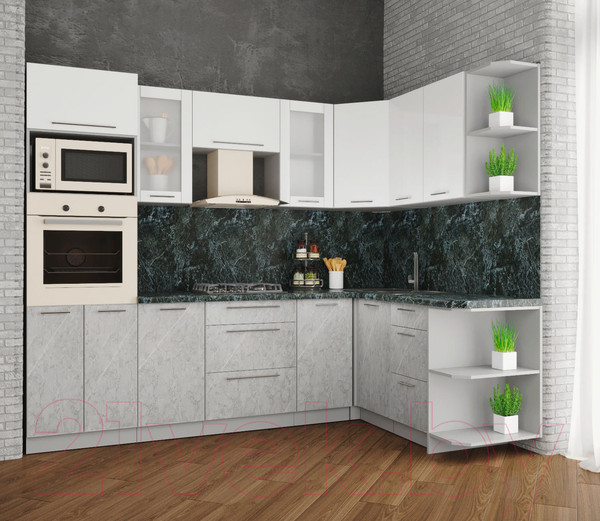 Изображение товара Кухонный гарнитур Интерлиния Мила Пластик 1.68x2.6 правая (мрамор/белый глянец/кастилло темный)