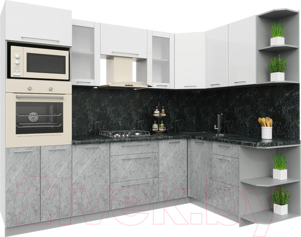 Изображение товара Кухонный гарнитур Интерлиния Мила Пластик 1.68x2.6 правая (мрамор/белый глянец/кастилло темный)