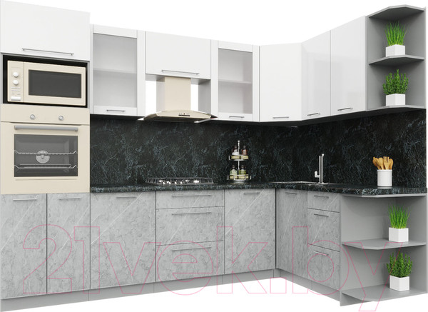 Изображение товара Кухонный гарнитур Интерлиния Мила Пластик 1.68x2.8 правая (мрамор/белый глянец/кастилло темный)