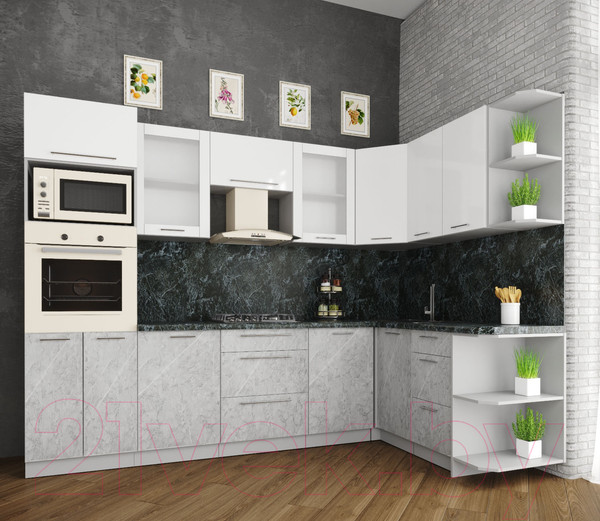 Изображение товара Кухонный гарнитур Интерлиния Мила Пластик 1.68x2.8 правая (мрамор/белый глянец/кастилло темный)