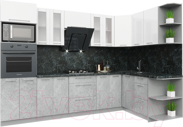 Изображение товара Кухонный гарнитур Интерлиния Мила Пластик 1.68x3.0 правая (мрамор/белый глянец/кастилло темный)