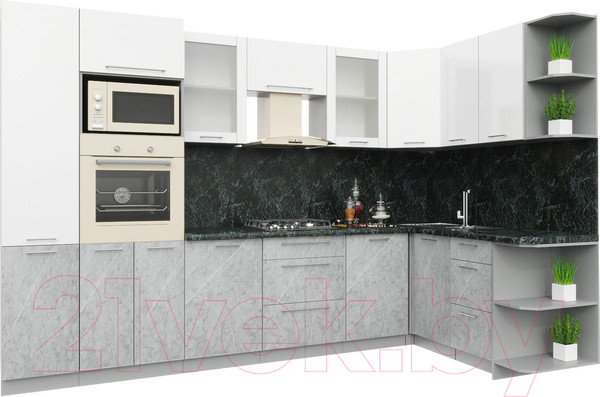 Изображение товара Кухонный гарнитур Интерлиния Мила Пластик 1.68x3.2 правая (мрамор/белый глянец/кастилло темный)