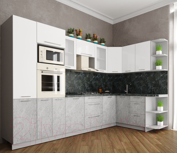 Изображение товара Кухонный гарнитур Интерлиния Мила Пластик 1.68x3.2 правая (мрамор/белый глянец/кастилло темный)