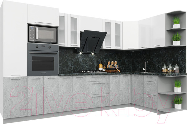 Изображение товара Кухонный гарнитур Интерлиния Мила Пластик 1.68x3.4 правая (мрамор/белый глянец/кастилло темный)