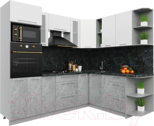 Изображение товара Кухонный гарнитур Интерлиния Мила Пластик 1.88x2.4 правая (мрамор/белый глянец/кастилло темный)