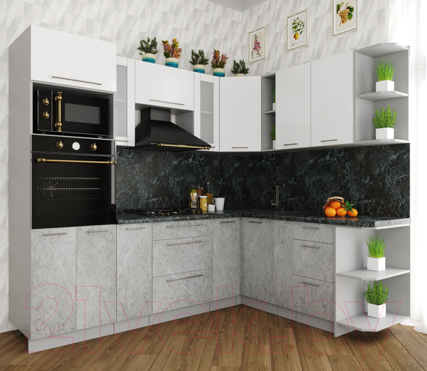 Изображение товара Кухонный гарнитур Интерлиния Мила Пластик 1.88x2.4 правая (мрамор/белый глянец/кастилло темный)