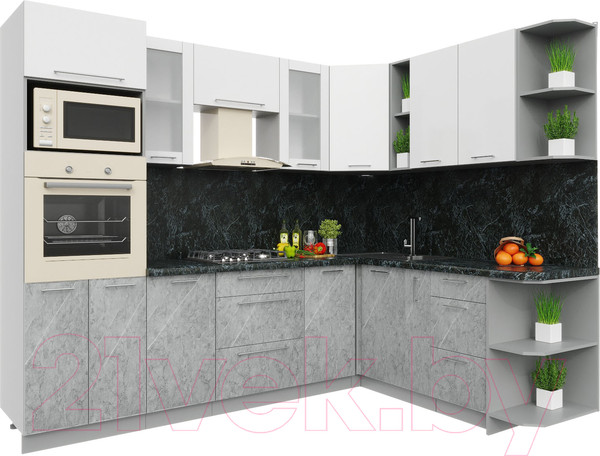 Изображение товара Кухонный гарнитур Интерлиния Мила Пластик 1.88x2.6 правая (мрамор/белый глянец/кастилло темный)