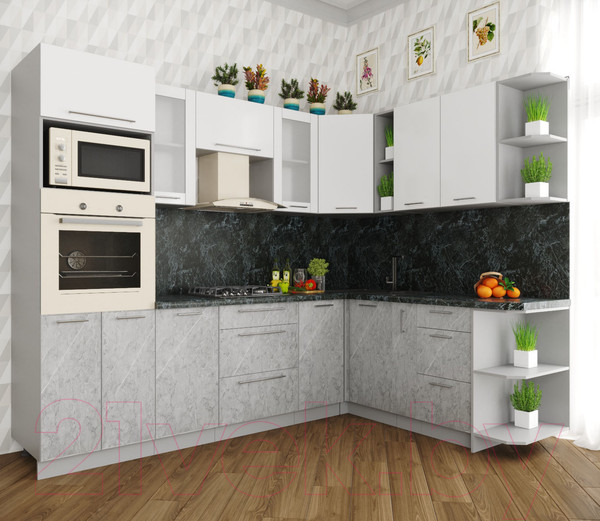 Изображение товара Кухонный гарнитур Интерлиния Мила Пластик 1.88x2.6 правая (мрамор/белый глянец/кастилло темный)