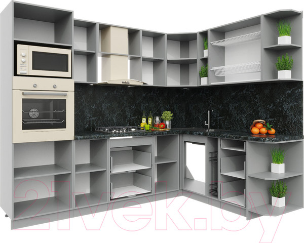 Изображение товара Кухонный гарнитур Интерлиния Мила Пластик 1.88x2.6 правая (мрамор/белый глянец/кастилло темный)