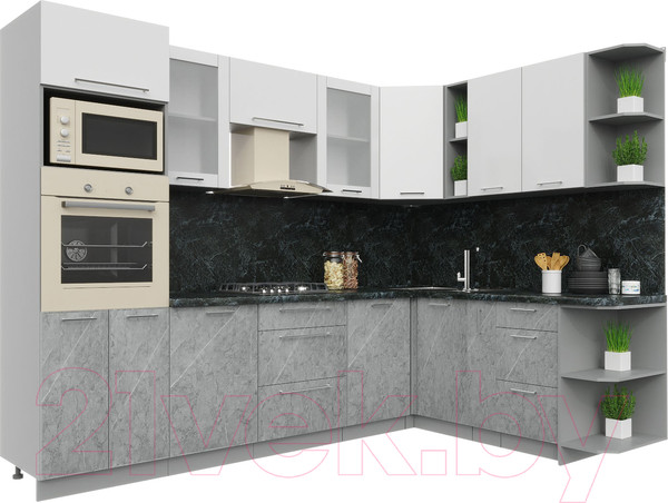 Изображение товара Кухонный гарнитур Интерлиния Мила Пластик 1.88x2.8 правая (мрамор/белый глянец/кастилло темный)