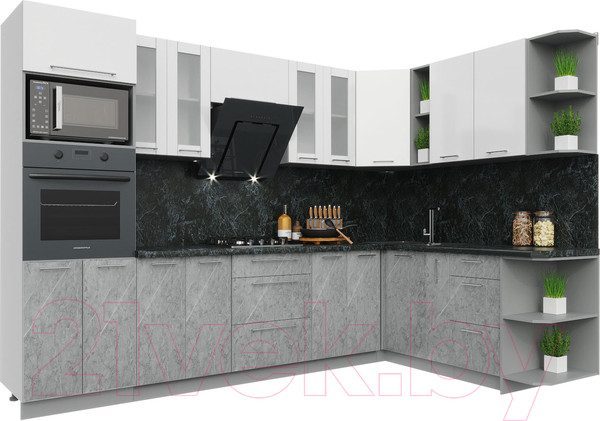 Изображение товара Кухонный гарнитур Интерлиния Мила Пластик 1.88x3.0 правая (мрамор/белый глянец/кастилло темный)