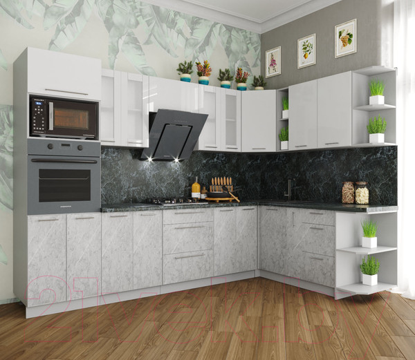 Изображение товара Кухонный гарнитур Интерлиния Мила Пластик 1.88x3.0 правая (мрамор/белый глянец/кастилло темный)