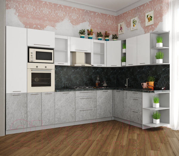 Изображение товара Кухонный гарнитур Интерлиния Мила Пластик 1.88x3.2 правая (мрамор/белый глянец/кастилло темный)