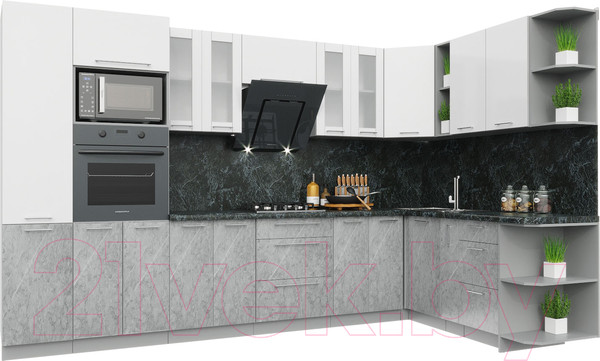 Изображение товара Кухонный гарнитур Интерлиния Мила Пластик 1.88x3.4 правая (мрамор/белый глянец/кастилло темный)