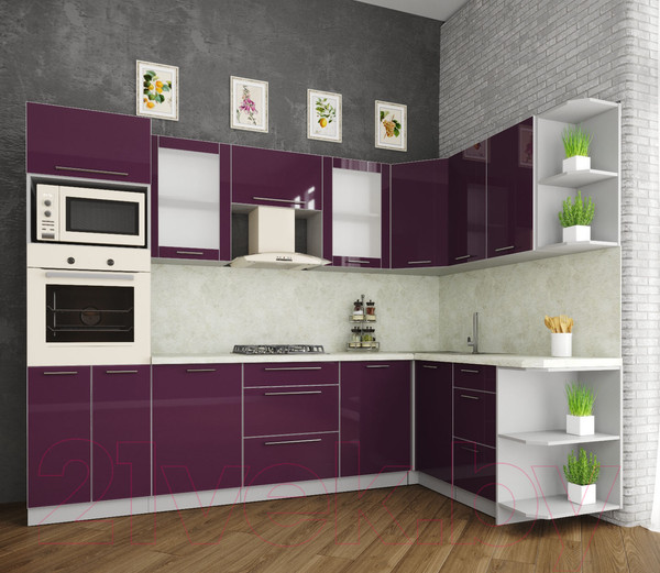 Изображение товара Кухонный гарнитур Интерлиния Мила Пластик 1.68x2.8 правая (слива/слива глянец/опал светлый)