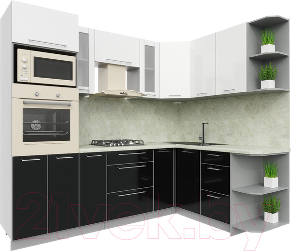 Изображение товара Кухонный гарнитур Интерлиния Мила Пластик 1.68x2.4 правая (черный/белый глянец/опал светлый)