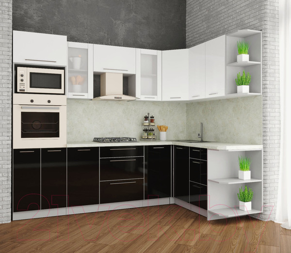 Изображение товара Кухонный гарнитур Интерлиния Мила Пластик 1.68x2.6 правая (черный/белый глянец/опал светлый)