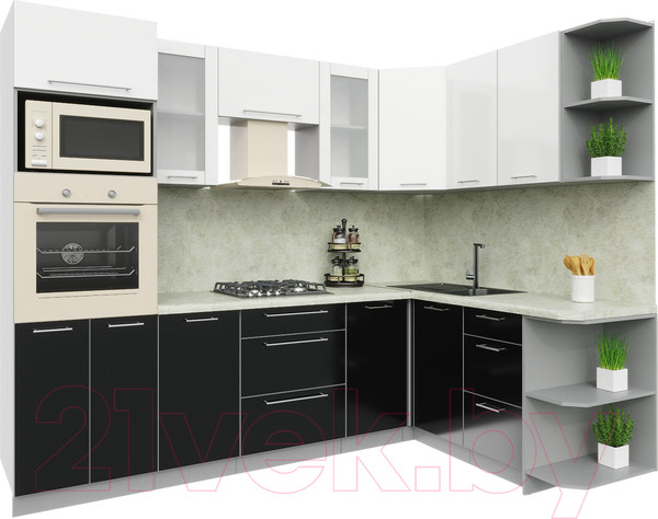 Изображение товара Кухонный гарнитур Интерлиния Мила Пластик 1.68x2.6 правая (черный/белый глянец/опал светлый)