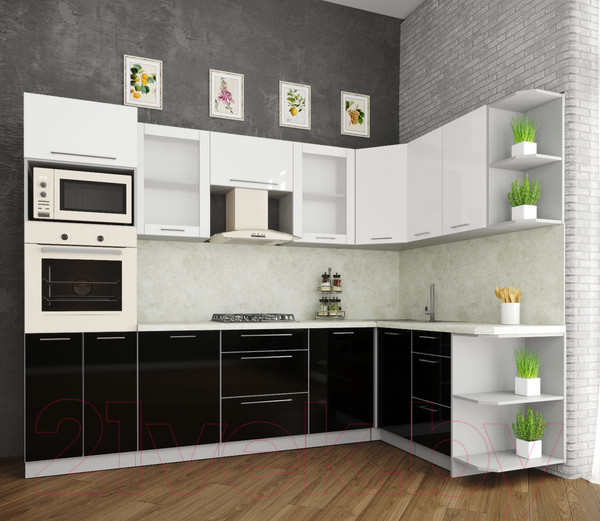 Изображение товара Кухонный гарнитур Интерлиния Мила Пластик 1.68x2.8 правая (черный/белый глянец/опал светлый)