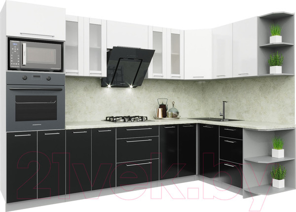 Изображение товара Кухонный гарнитур Интерлиния Мила Пластик 1.68x3.0 правая (черный/белый глянец/опал светлый)