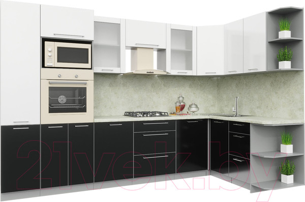 Изображение товара Кухонный гарнитур Интерлиния Мила Пластик 1.68x3.2 правая (черный/белый глянец/опал светлый)