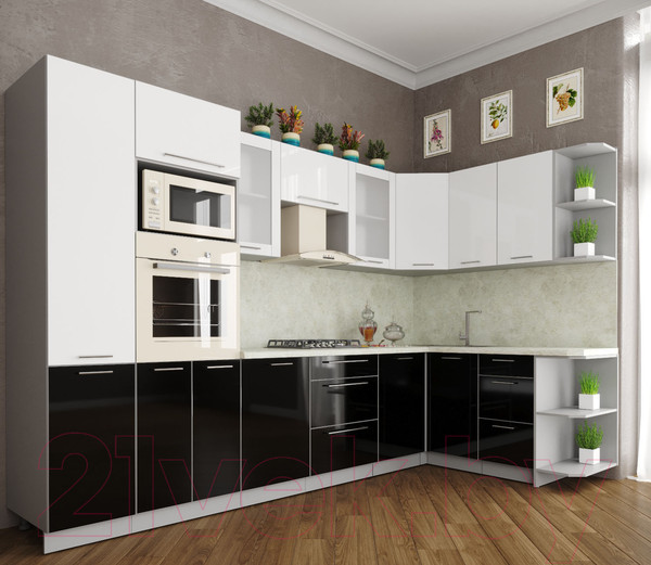 Изображение товара Кухонный гарнитур Интерлиния Мила Пластик 1.68x3.2 правая (черный/белый глянец/опал светлый)