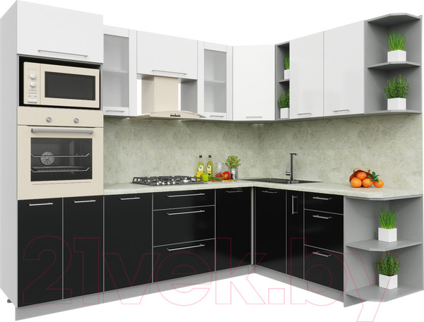 Изображение товара Кухонный гарнитур Интерлиния Мила Пластик 1.88x2.6 правая (черный/белый глянец/опал светлый)